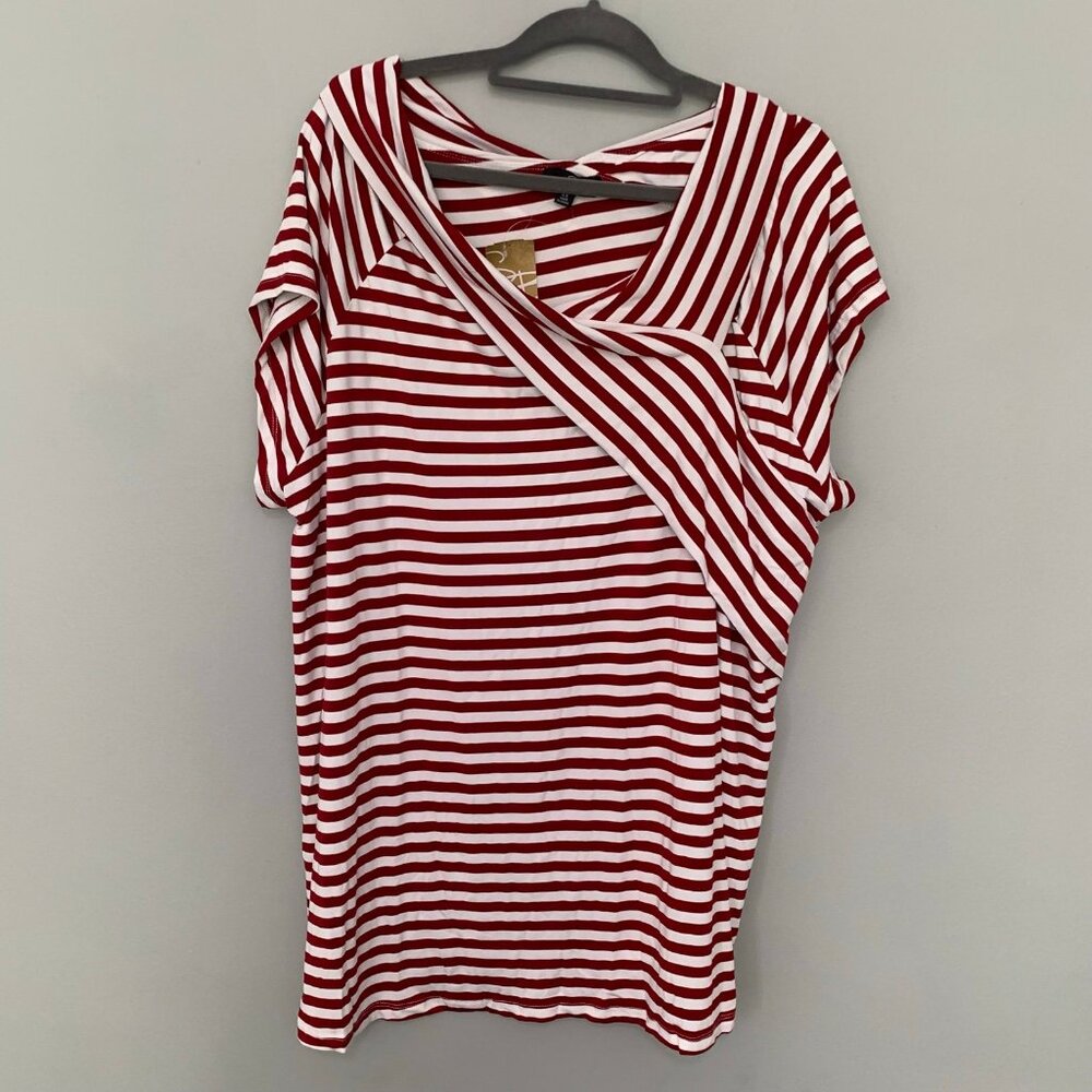 NEW Suzanne Betro Top Women 4X Red‎ White Striped Asymmetrical Draped Blouse